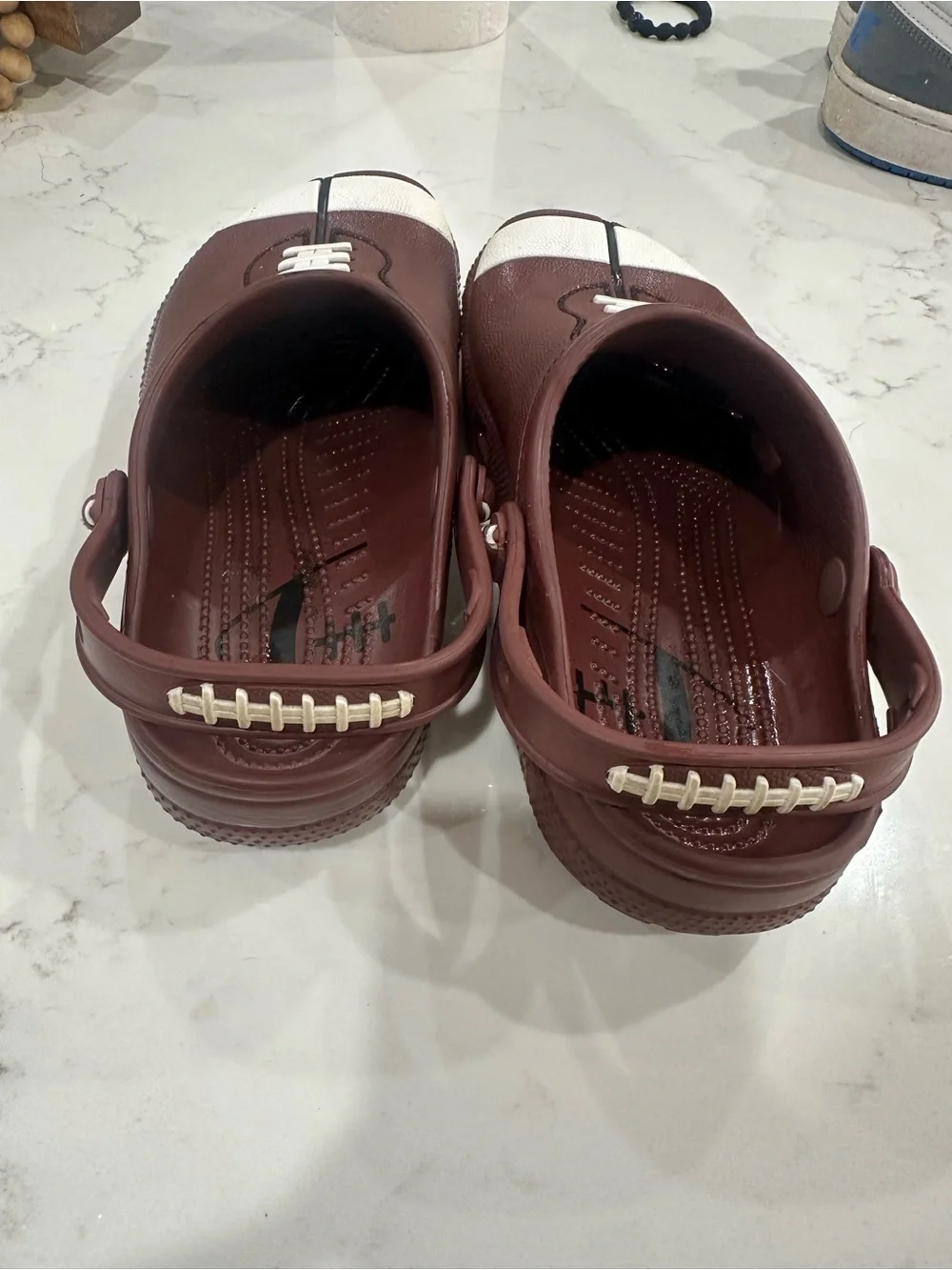 CROCS Kids Brown Clog Sandals with White Football Accent